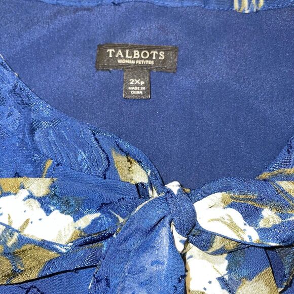 Talbots SZ 2XP Navy Blue Floral Sleeveless Tie Neck Floral Blouse Mature Cottage - Picture 7 of 9